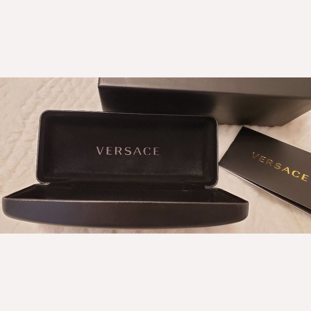 New VERSACE Black Faux Leather Hard Clam Shell Sunglasses Glasses Case & Cloth